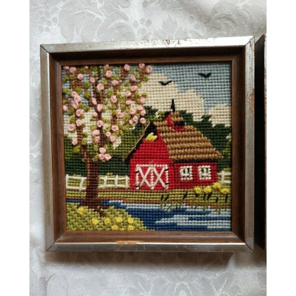 Vintage Jiffy Finished Needlepoint Spring Barn Summer Mill Set 2 Framed Square